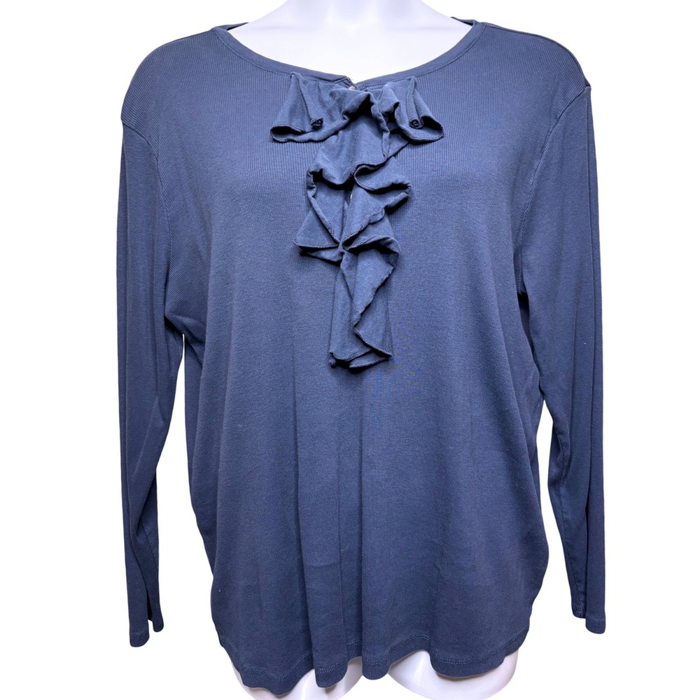 LAUREN RALPH LAUREN Womens Blue Ruffle Front Long Sleeve Ribbed Top 3X Preppy